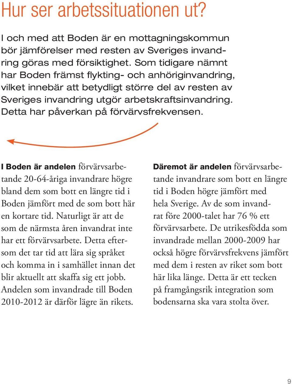 Detta har påverkan på förvärvsfrekvensen. I Boden är andelen förvärvsarbetande 20-64-åriga invandrare högre bland dem som bott en längre tid i Boden jämfört med de som bott här en kortare tid.