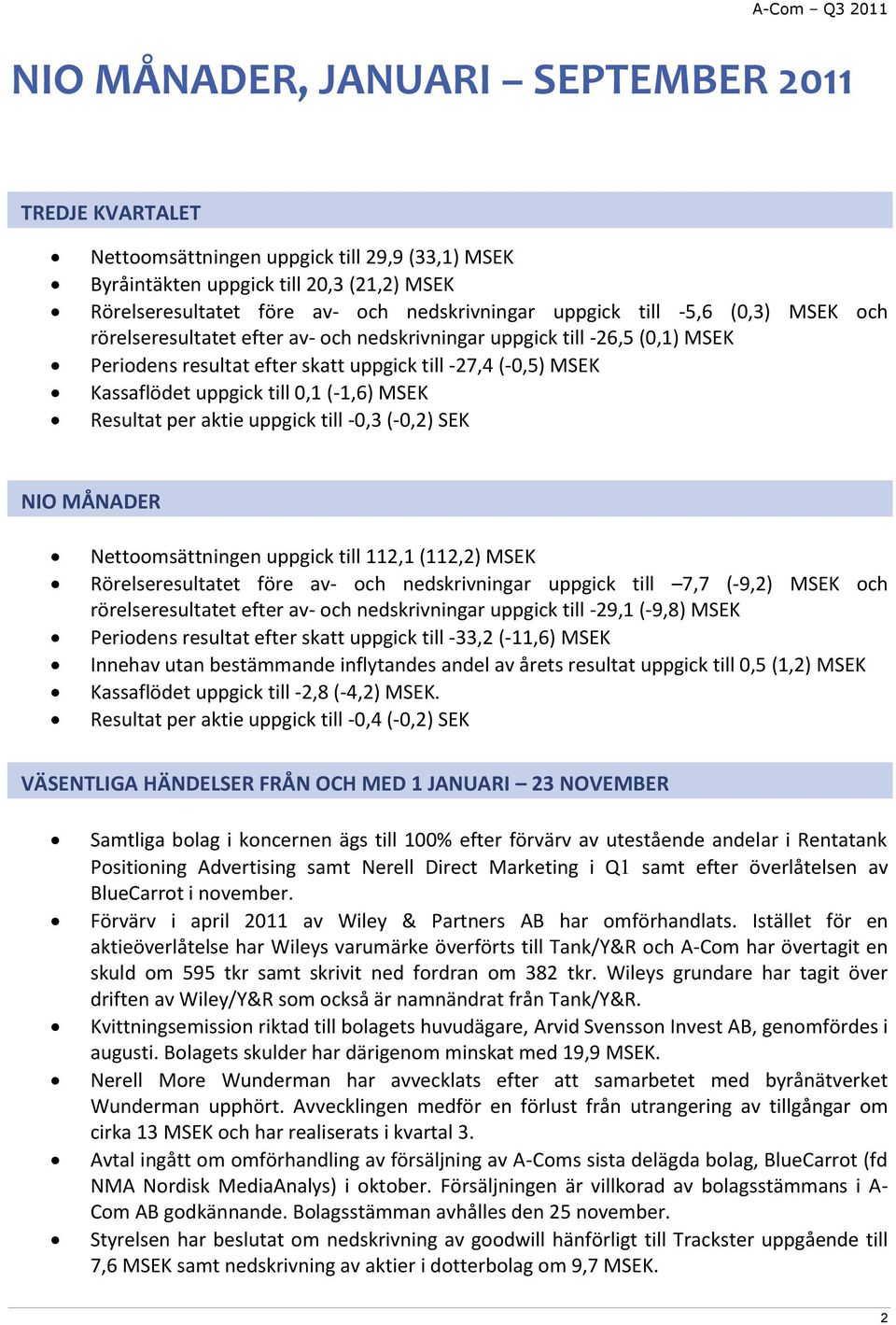 MSEK Resultat per aktie uppgick till -0,3 (-0,2) SEK NIO MÅNADER Nettoomsättningen uppgick till 112,1 (112,2) MSEK Rörelseresultatet före av- och nedskrivningar uppgick till 7,7 (-9,2) MSEK och