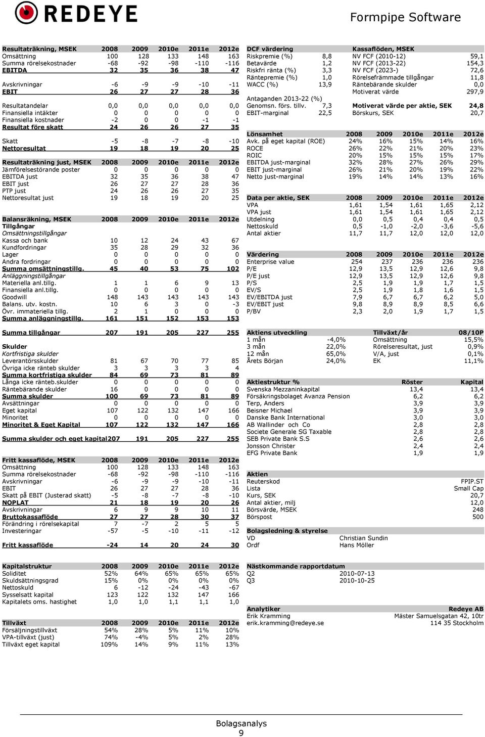 Resultaträkning just, MSEK 2008 2009 2010e 2011e 2012e Jämförelsestörande poster 0 0 0 0 0 EBITDA just 32 35 36 38 47 EBIT just 26 27 27 28 36 PTP just 24 26 26 27 35 Nettoresultat just 19 18 19 20