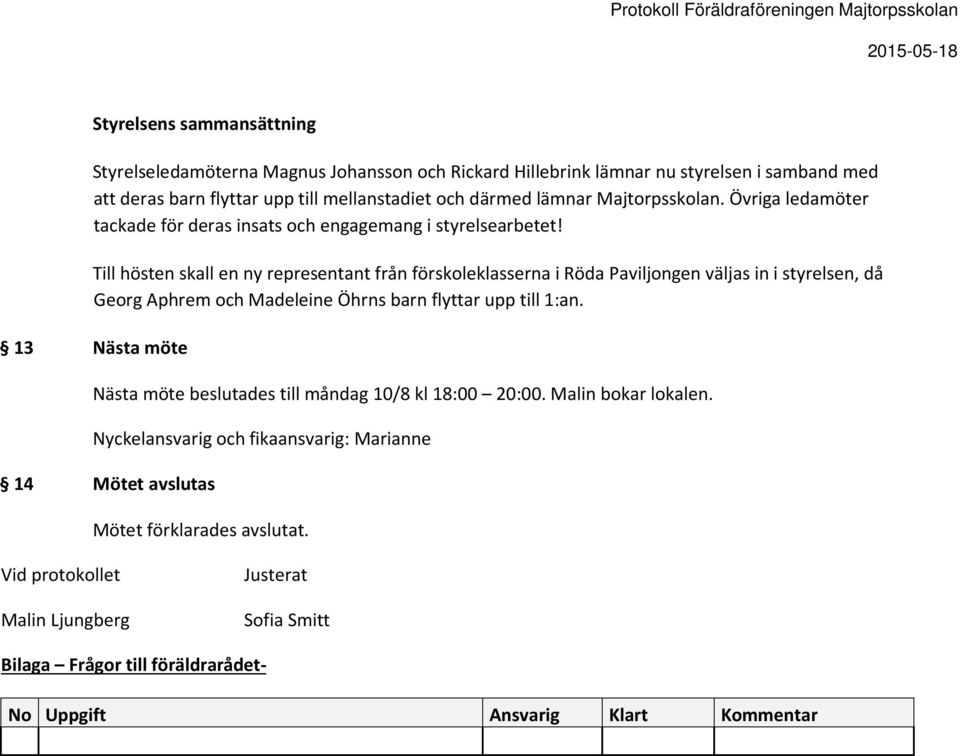 Till hösten skall en ny representant från förskoleklasserna i Röda Paviljongen väljas in i styrelsen, då Georg Aphrem och Madeleine Öhrns barn flyttar upp till 1:an.