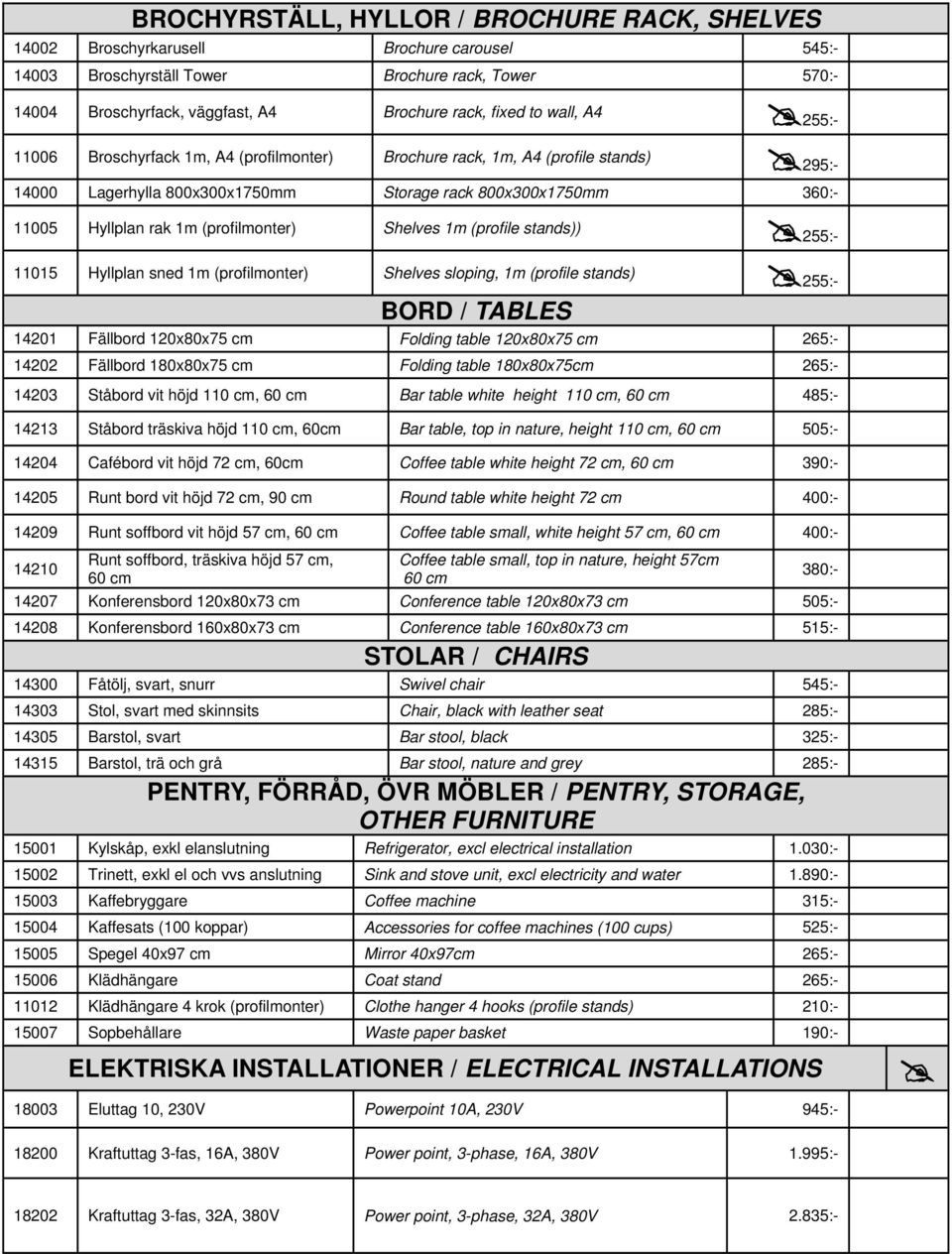 (profilmonter) Shelves 1m (profile stands)) 255:- 11015 Hyllplan sned 1m (profilmonter) Shelves sloping, 1m (profile stands) 255:- BORD / TABLES 14201 Fällbord 120x80x75 cm Folding table 120x80x75 cm