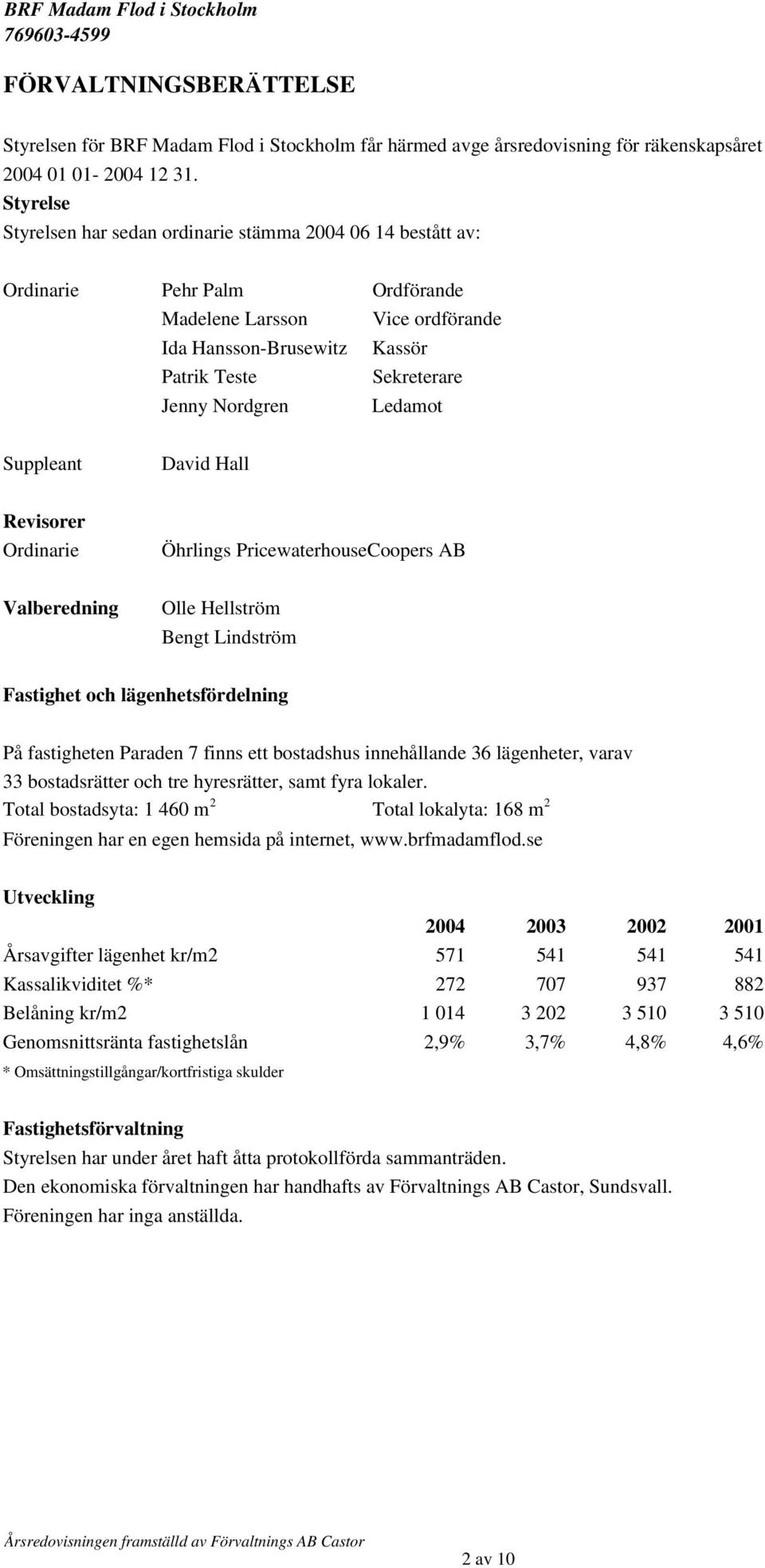 Nordgren Ledamot Suppleant David Hall Revisorer Ordinarie Öhrlings PricewaterhouseCoopers AB Valberedning Olle Hellström Bengt Lindström Fastighet och lägenhetsfördelning På fastigheten Paraden 7