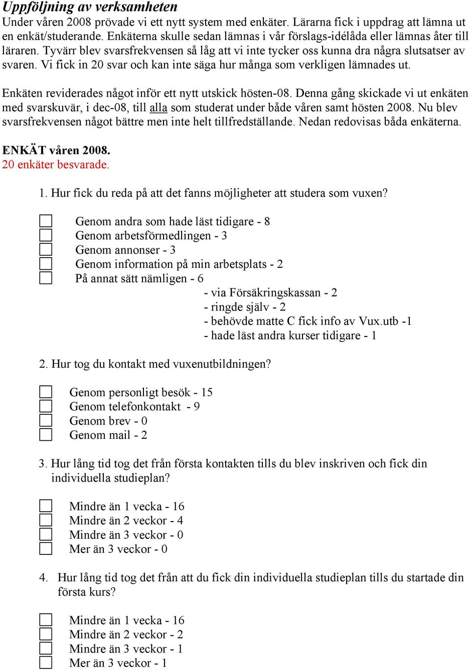 Vi fick in 20 svar och kan inte säga hur många som verkligen lämnades ut. Enkäten reviderades något inför ett nytt utskick hösten-08.