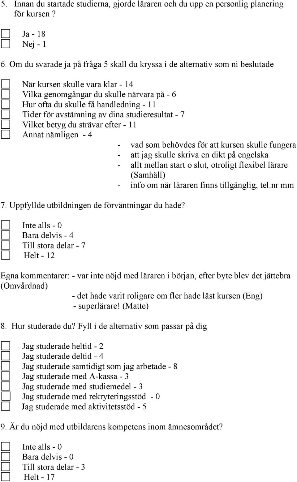 för avstämning av dina studieresultat - 7 Vilket betyg du strävar efter - 11 Annat nämligen - 4 - vad som behövdes för att kursen skulle fungera - att jag skulle skriva en dikt på engelska - allt