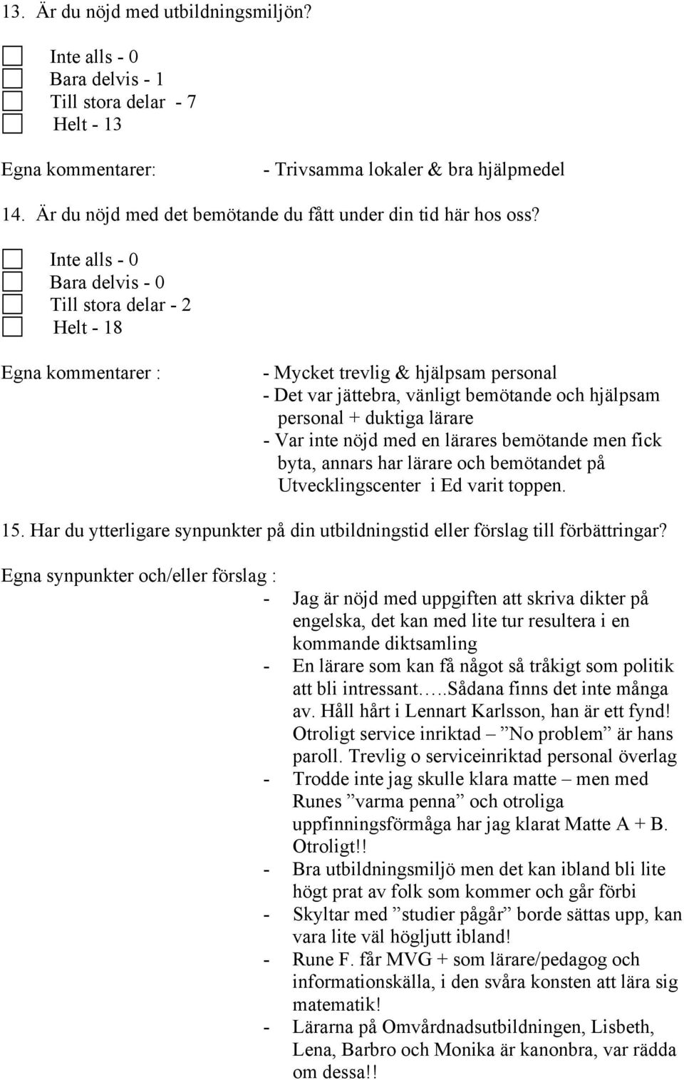 Inte alls - 0 Bara delvis - 0 Till stora delar - 2 Helt - 18 Egna kommentarer : - Mycket trevlig & hjälpsam personal - Det var jättebra, vänligt bemötande och hjälpsam personal + duktiga lärare - Var