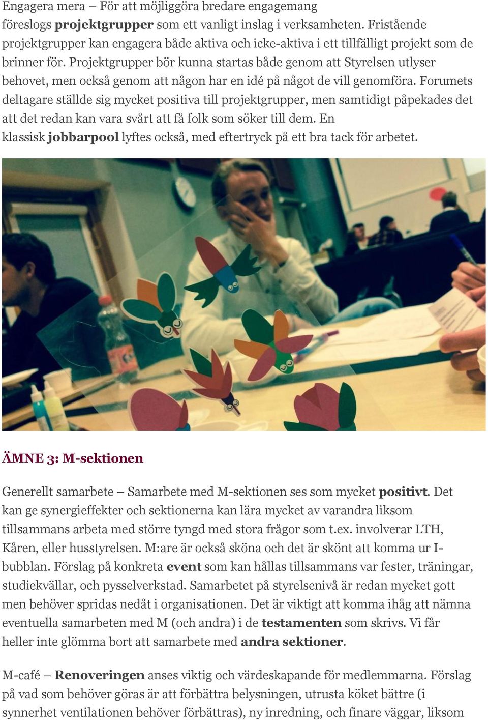 Projektgrupper bör kunna startas både genom att Styrelsen utlyser behovet, men också genom att någon har en idé på något de vill genomföra.
