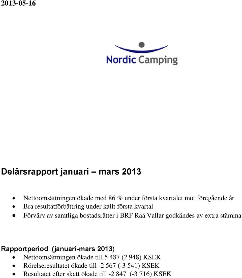 Råå Vallar godkändes av extra stämma Rapportperiod (januari-mars 2013) Nettoomsättningen ökade till 5 487