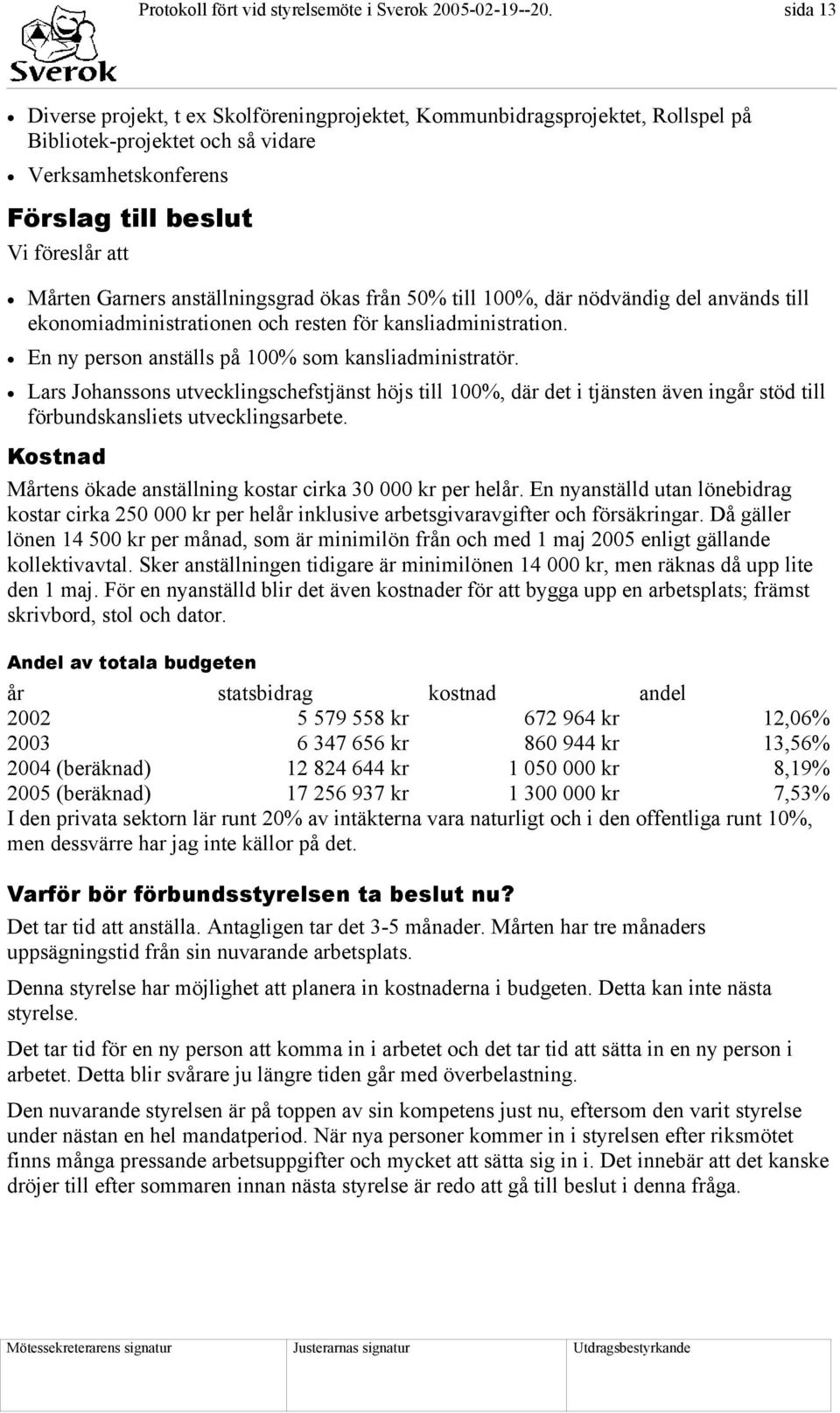 anställningsgrad ökas från 50% till 100%, där nödvändig del används till ekonomiadministrationen och resten för kansliadministration. En ny person anställs på 100% som kansliadministratör.