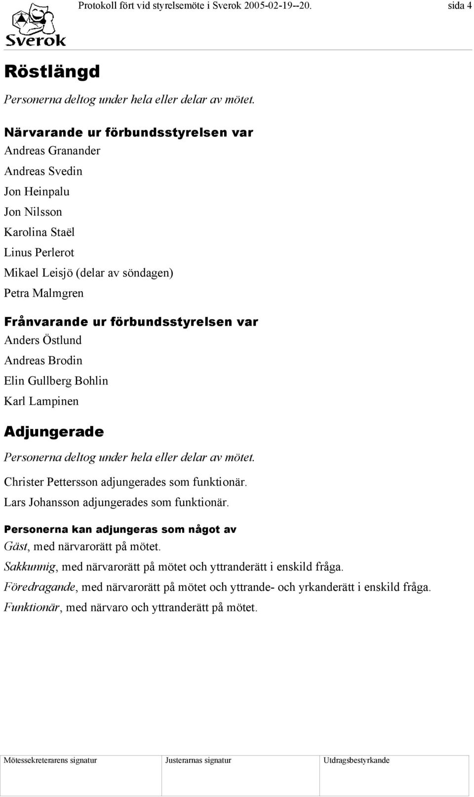 förbundsstyrelsen var Anders Östlund Andreas Brodin Elin Gullberg Bohlin Karl Lampinen Adjungerade Personerna deltog under hela eller delar av mötet. Christer Pettersson adjungerades som funktionär.