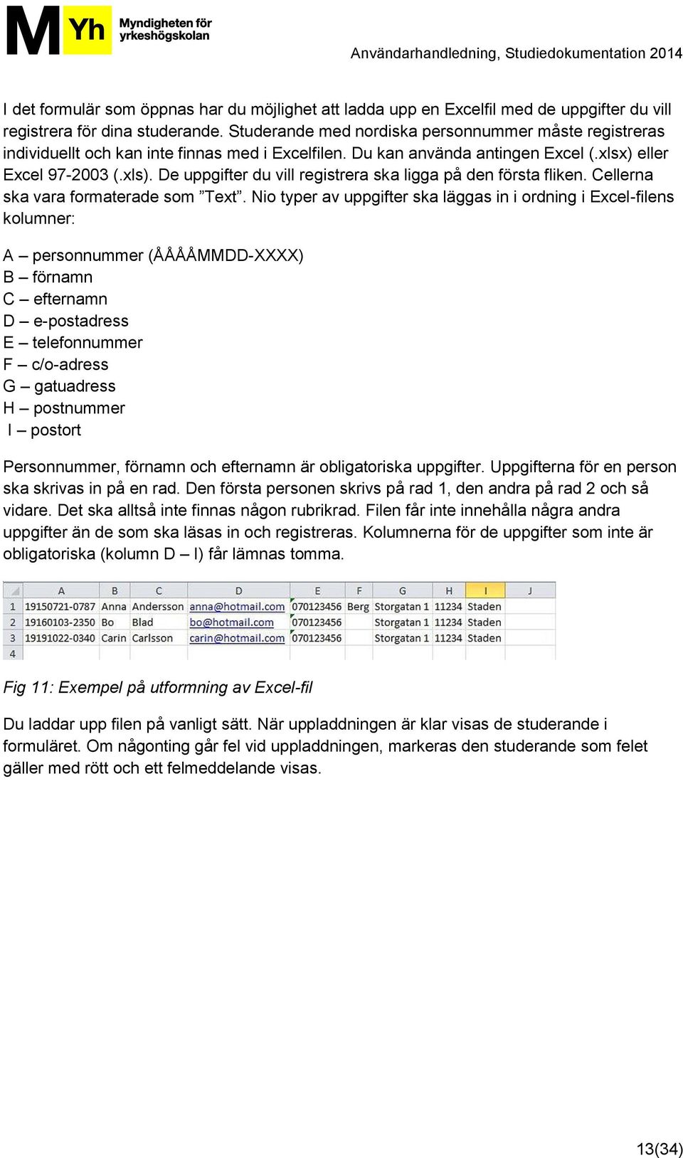 De uppgifter du vill registrera ska ligga på den första fliken. Cellerna ska vara formaterade som Text.