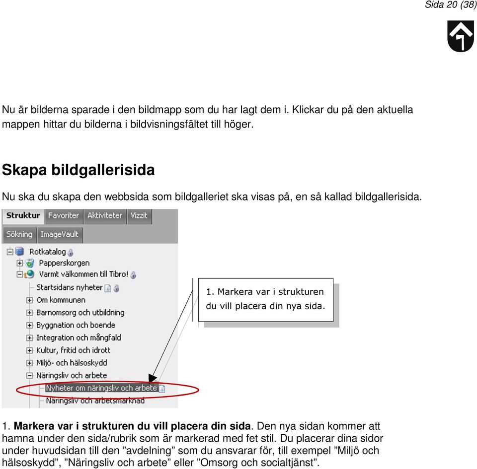 Markera var i strukturen du vill placera din nya sida. 1. Markera var i strukturen du vill placera din sida.