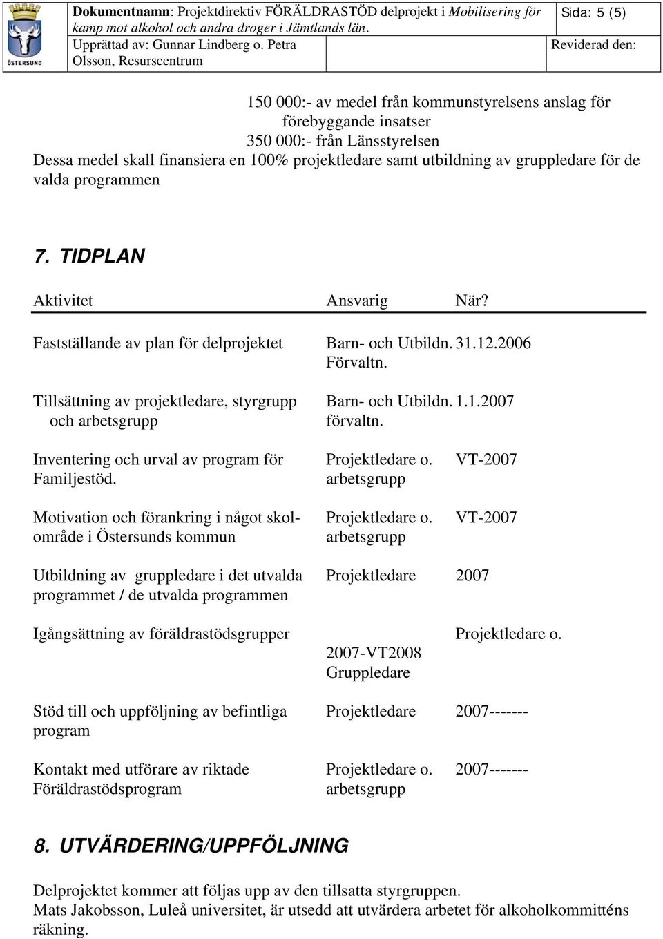 1.2007 och förvaltn. Inventering och urval av program för Projektledare o. VT-2007 Familjestöd. Motivation och förankring i något skol- Projektledare o.