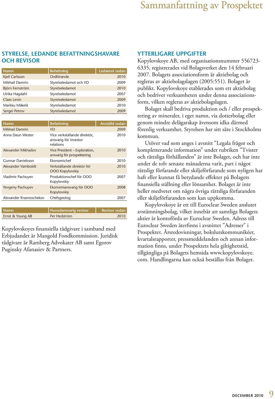 Damrin VD 2009 Anna Daun Wester Vice verkställande direktör, 2010 ansvarig för investor relations Alexander Mikhailov Vice President Exploration, 2010 ansvarig för prospektering Gunnar Danielsson