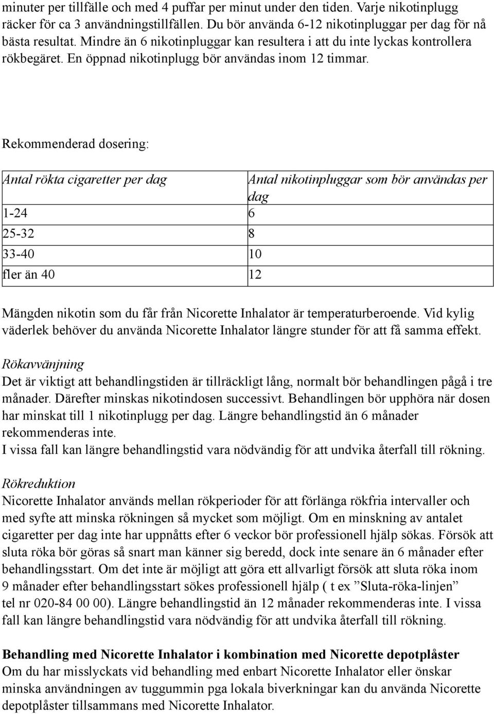 Rekommenderad dosering: Antal rökta cigaretter per dag Antal nikotinpluggar som bör användas per dag 1-24 6 25-32 8 33-40 10 fler än 40 12 Mängden nikotin som du får från Nicorette Inhalator är