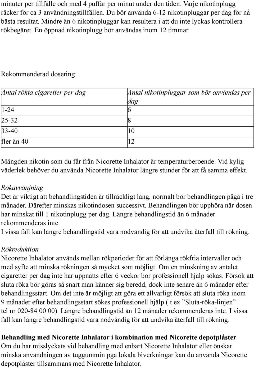 Rekommenderad dosering: Antal rökta cigaretter per dag Antal nikotinpluggar som bör användas per dag 1-24 6 25-32 8 33-40 10 fler än 40 12 Mängden nikotin som du får från Nicorette Inhalator är