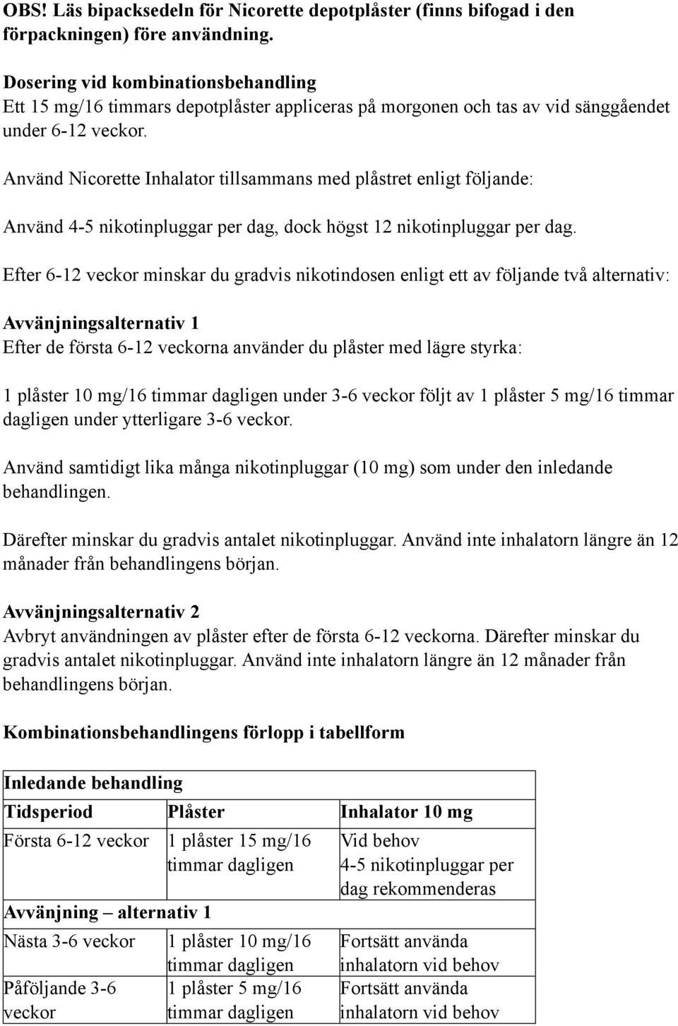 Använd Nicorette Inhalator tillsammans med plåstret enligt följande: Använd 4-5 nikotinpluggar per dag, dock högst 12 nikotinpluggar per dag.