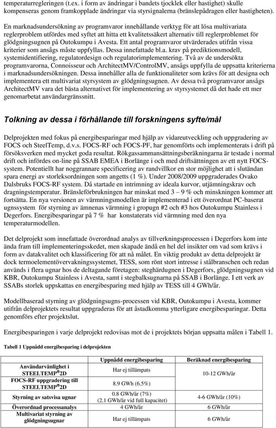 glödgningsugnen på Outokumpu i Avesta. Ett antal programvaror utvärderades utifrån vissa kriterier som ansågs måste uppfyllas. Dessa innefattade bl.a. krav på prediktionsmodell, systemidentifiering, regulatordesign och regulatorimplementering.