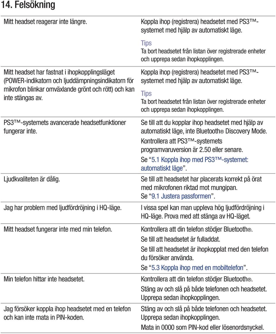 PS3 -systemets avancerade headsetfunktioner fungerar inte. Ljudkvaliteten är dålig. Jag har problem med ljudfördröjning i HQ-läge. Mitt headset fungerar inte med min telefon.