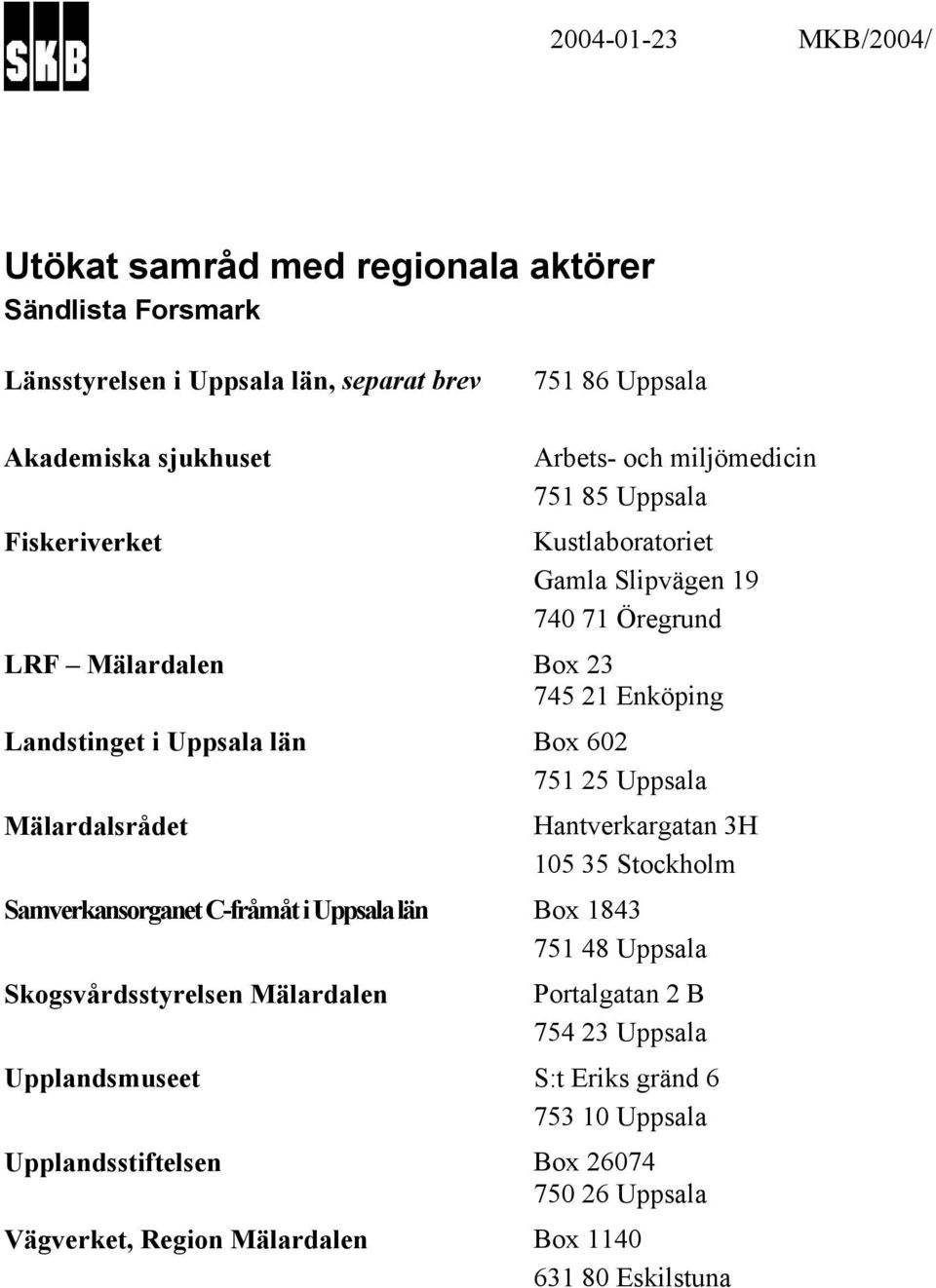 751 25 Uppsala Mälardalsrådet Hantverkargatan 3H 105 35 Stockholm Samverkansorganet C-fråmåt i Uppsala län Box 1843 751 48 Uppsala Skogsvårdsstyrelsen Mälardalen