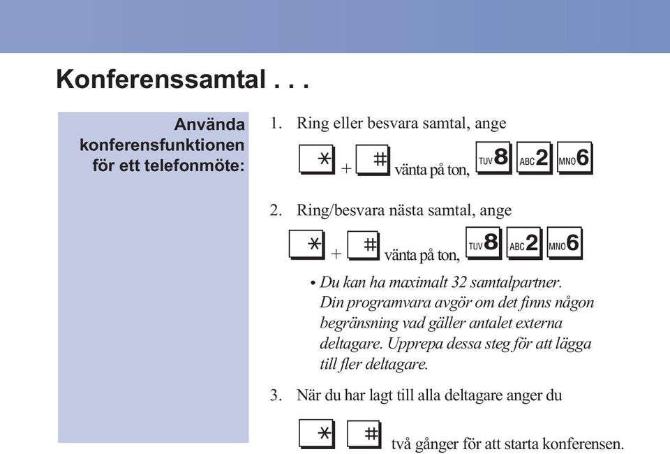 Ring/besvara nästa samtal, ange + vänta på ton, Du kan ha maximalt 32 samtalpartner.