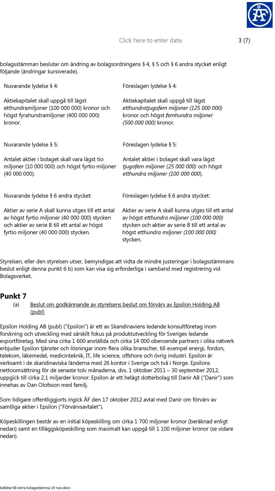 Föreslagen lydelse 4: Aktiekapitalet skall uppgå till lägst etthundratjugofem miljoner (125 000 000) kronor och högst femhundra miljoner (500 000 000) kronor.