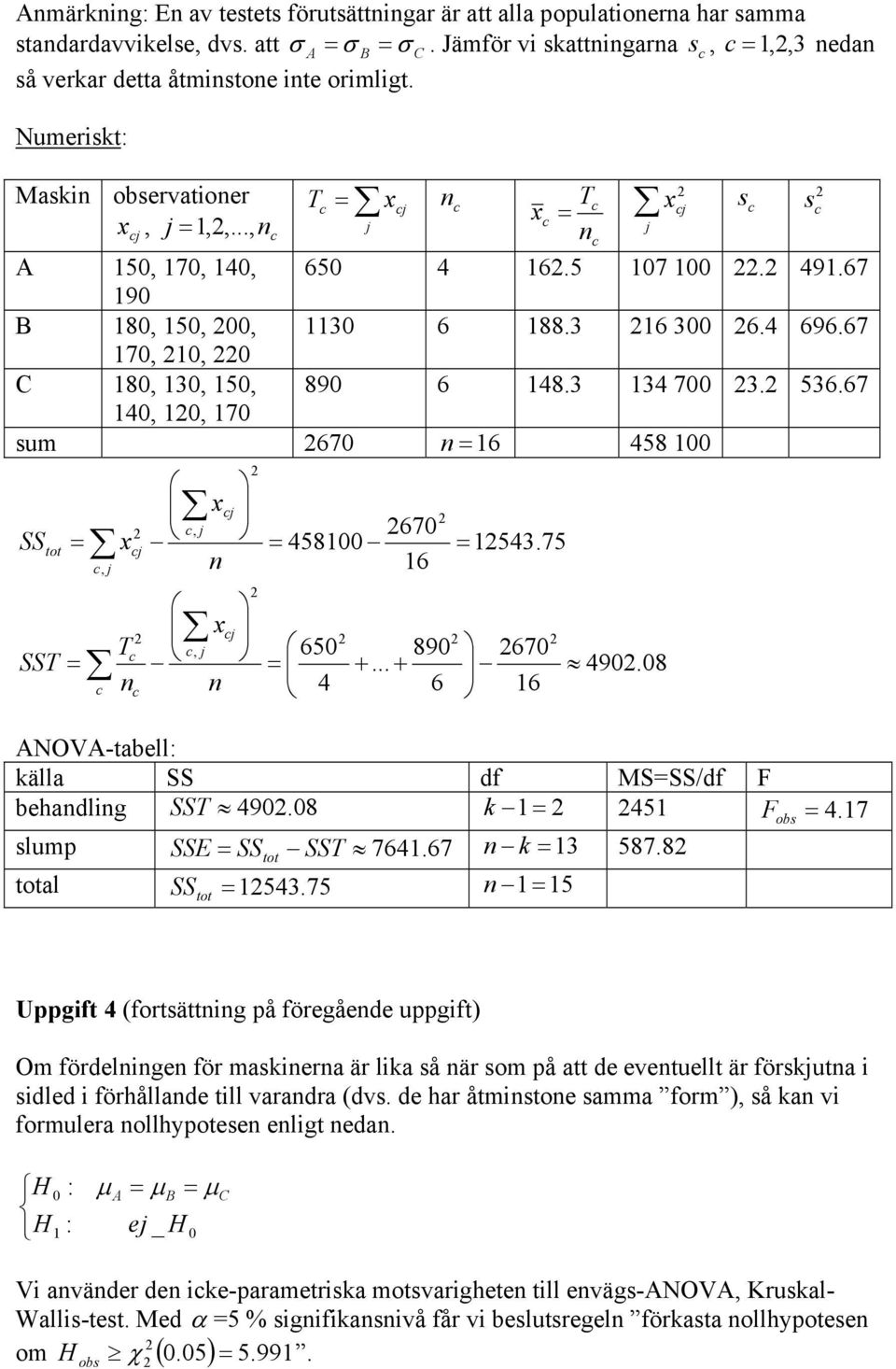 67 4,, 7 sum 67 n 6 458 SS tot SST, j j T n, j, j n n j j T j j 67 458 6 65 4 89 +... + 6 543.75 67 6 j 49.8 ANOVA-tabell: källa SS df MSSS/df F behandling SST 49. 8 k 45 F 4.