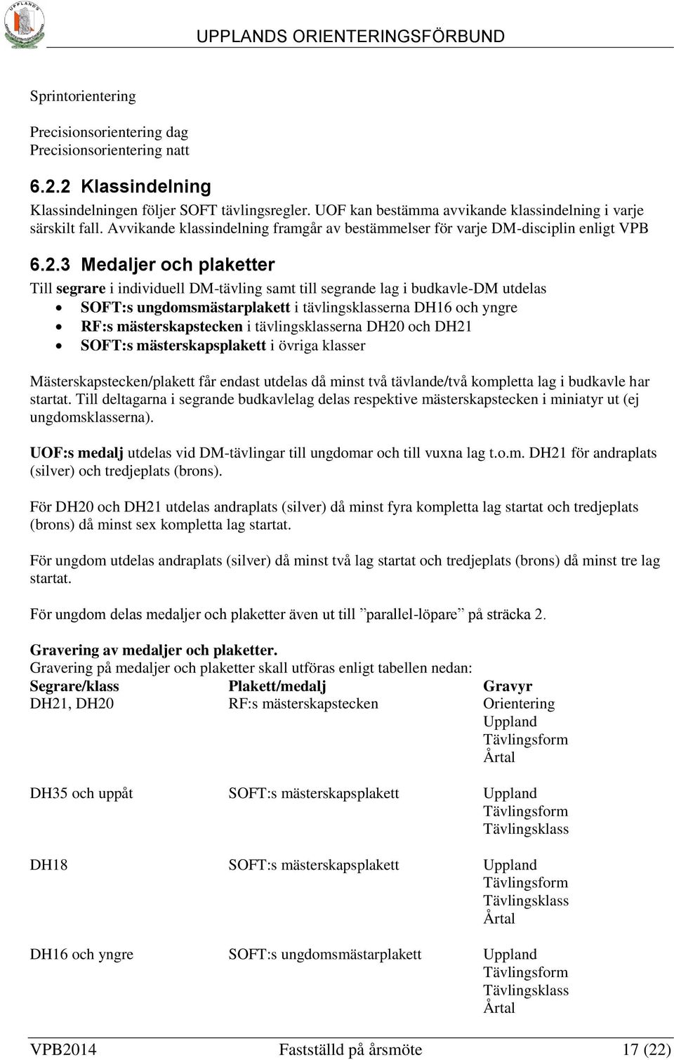 3 Medaljer och plaketter Till segrare i individuell DM-tävling samt till segrande lag i budkavle-dm utdelas SOFT:s ungdomsmästarplakett i tävlingsklasserna DH16 och yngre RF:s mästerskapstecken i