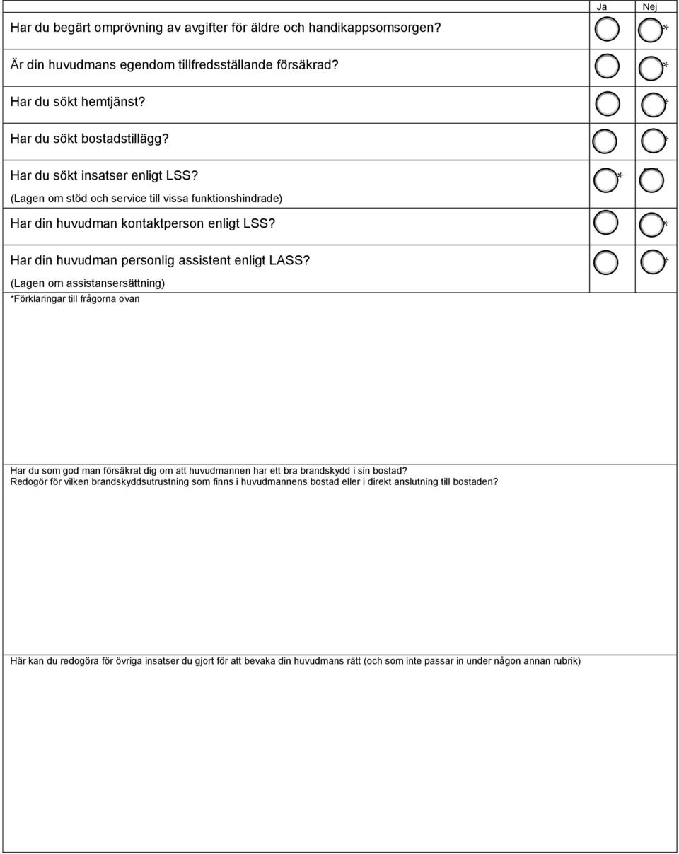 (Lagen om assistansersättning) Förklaringar till frågorna ovan Har du som god man försäkrat dig om att huvudmannen har ett bra brandskydd i sin bostad?