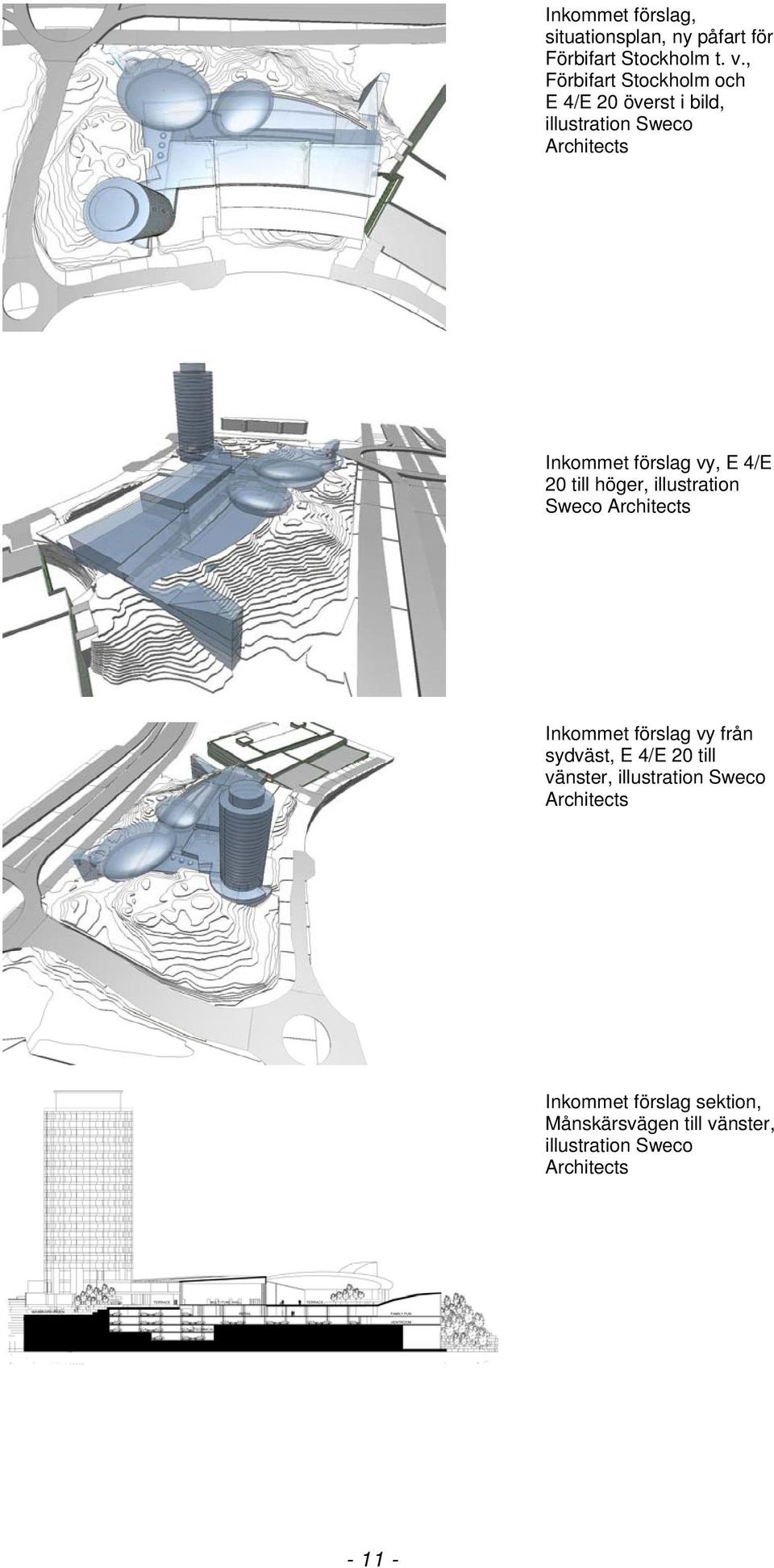 E 4/E 20 till höger, illustration Sweco Architects Inkommet förslag vy från sydväst, E 4/E 20 till