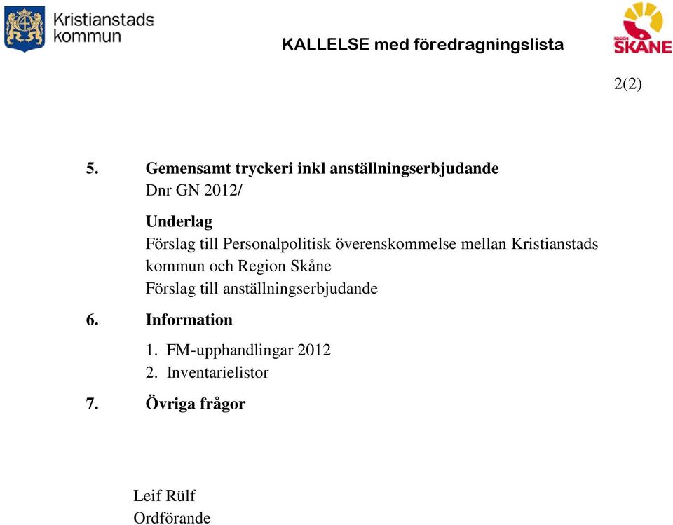Personalpolitisk överenskommelse mellan Kristianstads kommun och Region Skåne