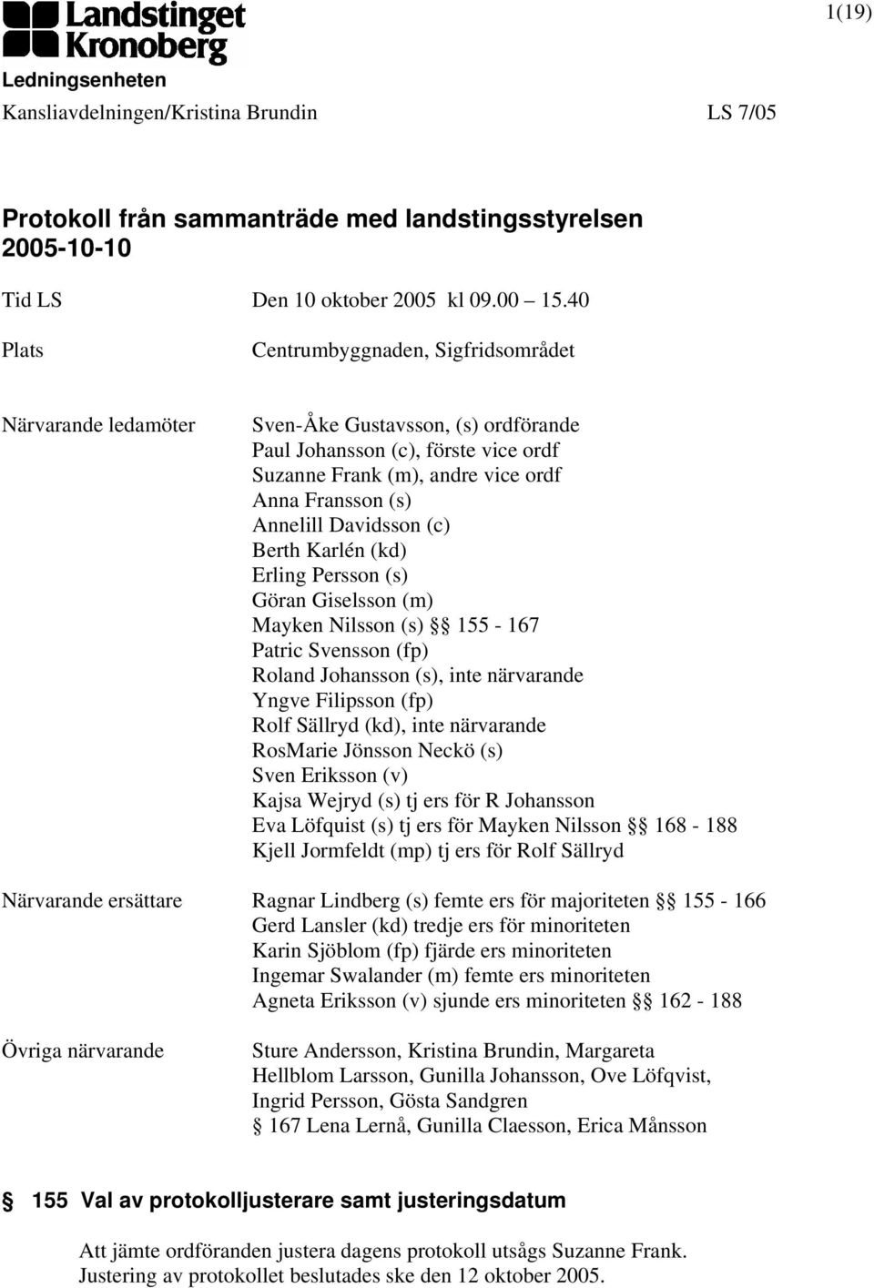 andre vice ordf Anna Fransson (s) Annelill Davidsson (c) Berth Karlén (kd) Erling Persson (s) Göran Giselsson (m) Mayken Nilsson (s) 155-167 Patric Svensson (fp) Roland Johansson (s), inte närvarande