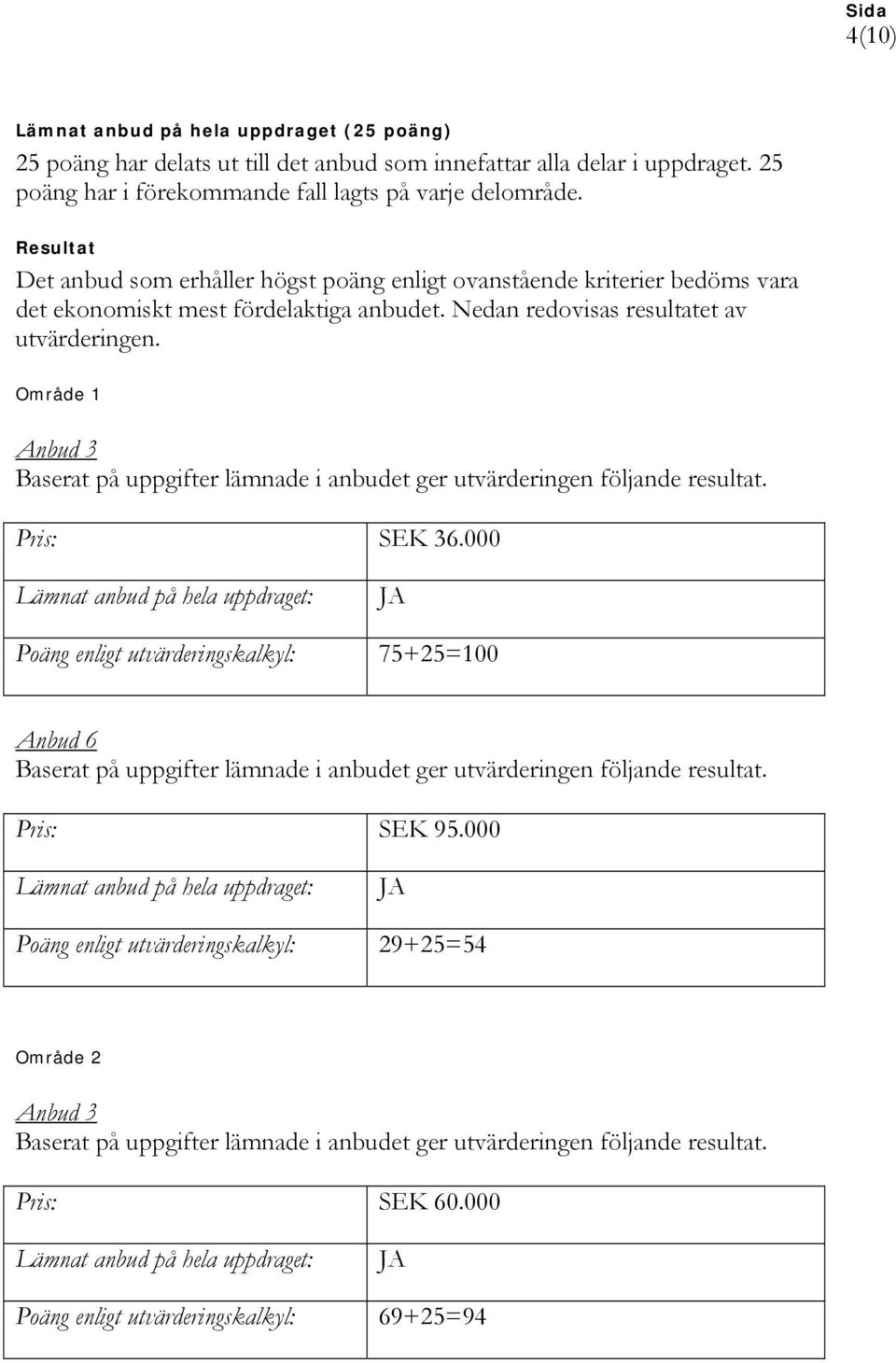 Resultat Det anbud som erhåller högst poäng enligt ovanstående kriterier bedöms vara det ekonomiskt mest fördelaktiga anbudet.