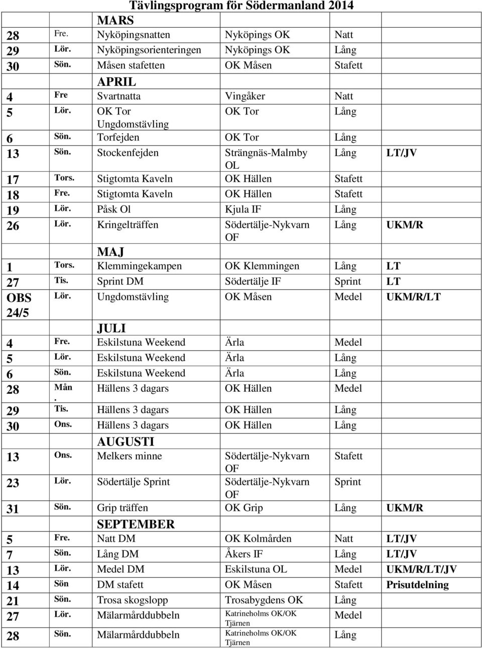 Stigtomta Kaveln OK Hällen Stafett 18 Fre. Stigtomta Kaveln OK Hällen Stafett 19 Lör. Påsk Ol Kjula IF Lång 26 Lör. Kringelträffen Södertälje-Nykvarn OF Lång MAJ 1 Tors.