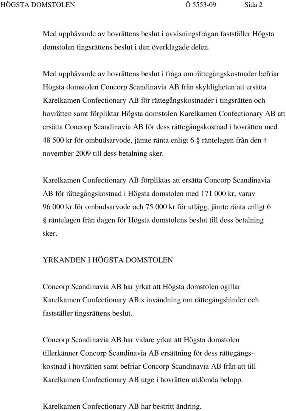 tingsrätten och hovrätten samt förpliktar Högsta domstolen Karelkamen Confectionary AB att ersätta Concorp Scandinavia AB för dess rättegångskostnad i hovrätten med 48 500 kr för ombudsarvode, jämte
