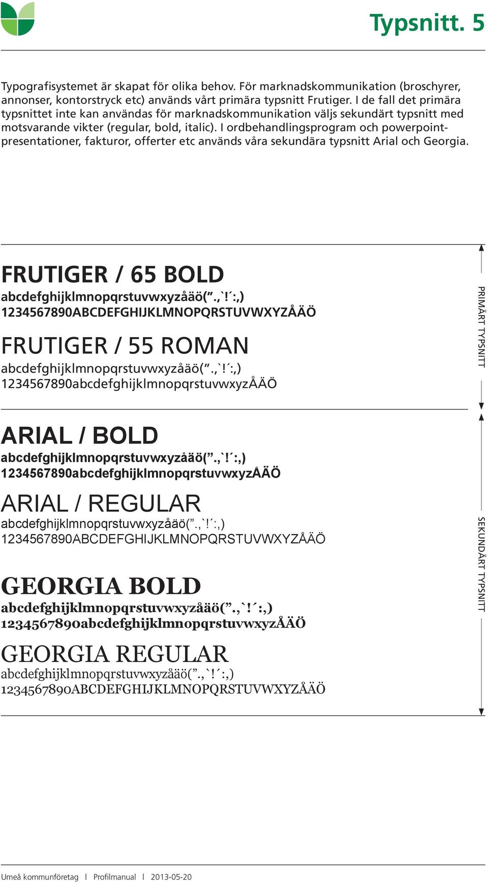 I ordbehandlingsprogram och powerpointpresentationer, fakturor, offerter etc används våra sekundära typsnitt Arial och Georgia. FRUTIGER / 65 BOLD abcdefghijklmnopqrstuvwxyzåäö(.,`!