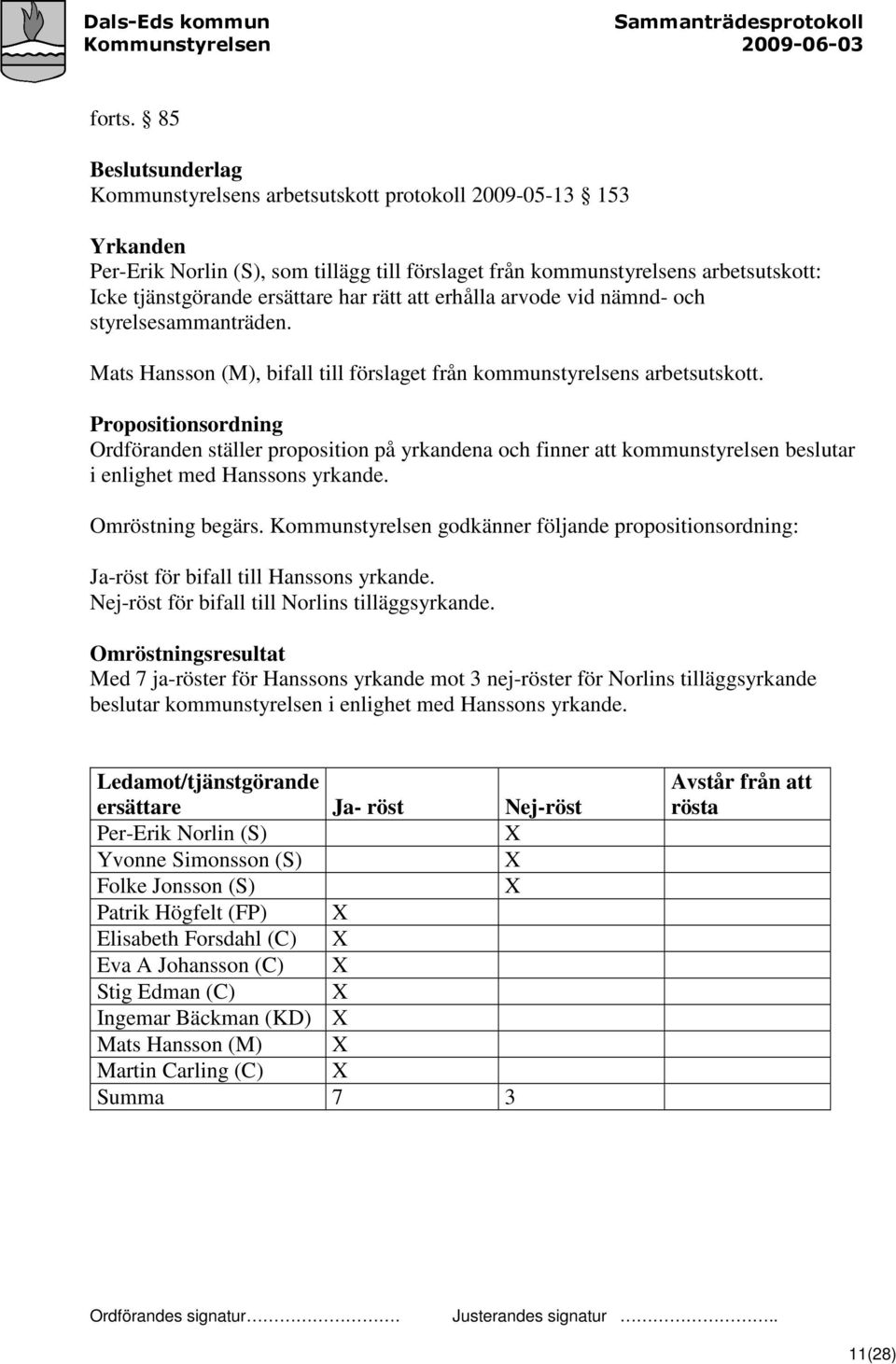 har rätt att erhålla arvode vid nämnd- och styrelsesammanträden. Mats Hansson (M), bifall till förslaget från kommunstyrelsens arbetsutskott.