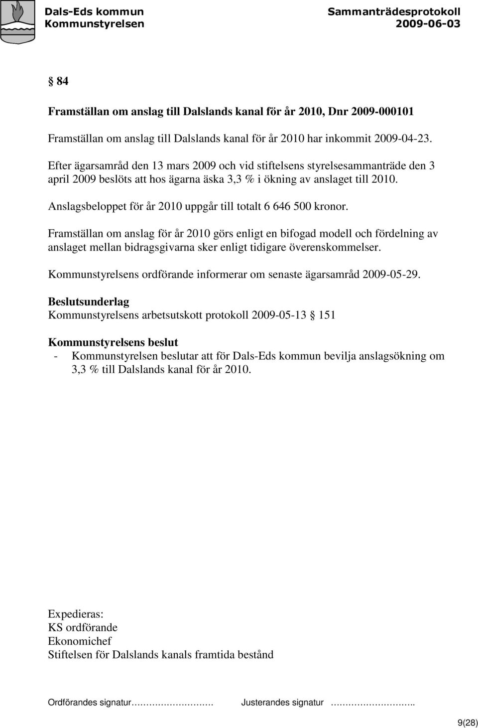 Anslagsbeloppet för år 2010 uppgår till totalt 6 646 500 kronor.