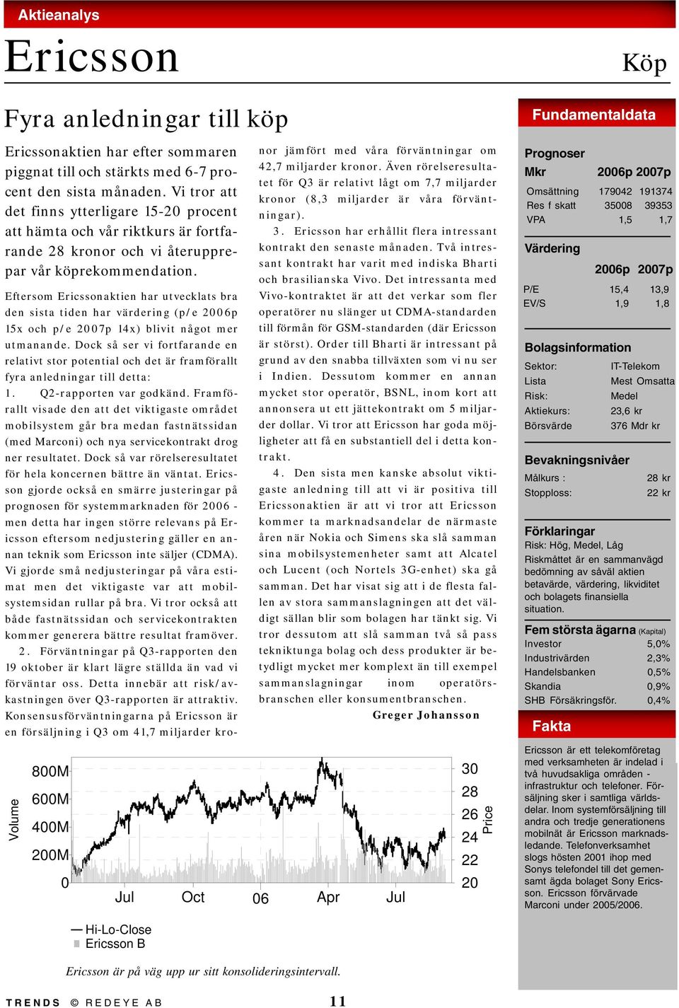 Eftersom Ericssonaktien har utvecklats bra den sista tiden har värdering (p/e 20p 15x och p/e 2007p 14x) blivit något mer utmanande.