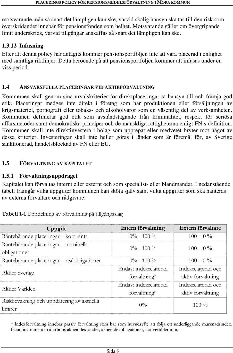 12 Infasning Efter att denna policy har antagits kommer pensionsportföljen inte att vara placerad i enlighet med samtliga riktlinjer.