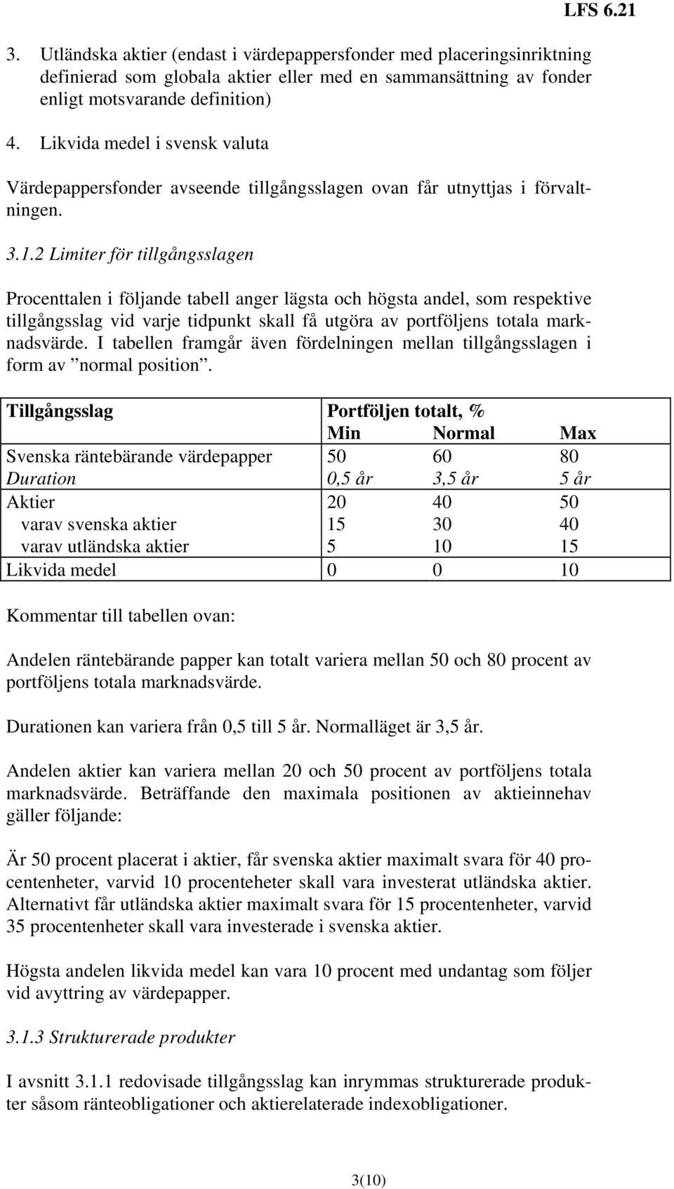 2 Limiter för tillgångsslagen Procenttalen i följande tabell anger lägsta och högsta andel, som respektive tillgångsslag vid varje tidpunkt skall få utgöra av portföljens totala marknadsvärde.