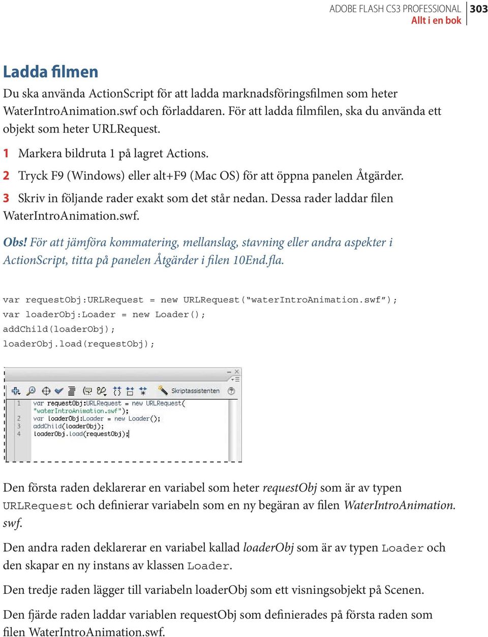 3 Skriv in följande rader exakt som det står nedan. Dessa rader laddar filen WaterIntroAnimation.swf. Obs!