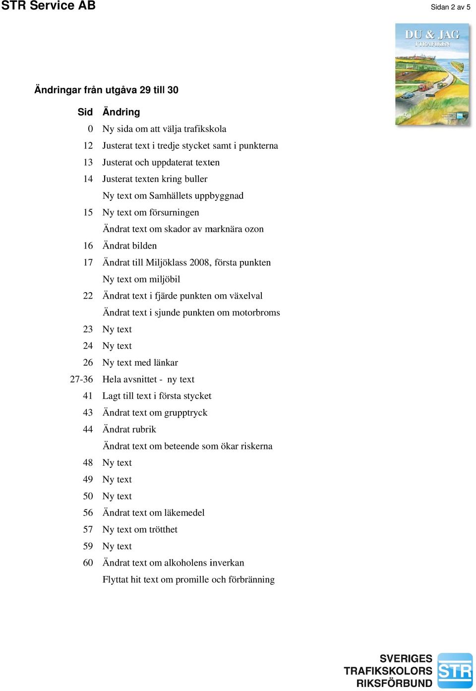 text om miljöbil 22 Ändrat text i fjärde punktenn om växelval Ändrat text i sjunde punktenn om motorbroms 23 Ny text 24 Ny text 26 Ny text med länkar 27-36 Hela avsnittet - ny text 41 Lagt till text