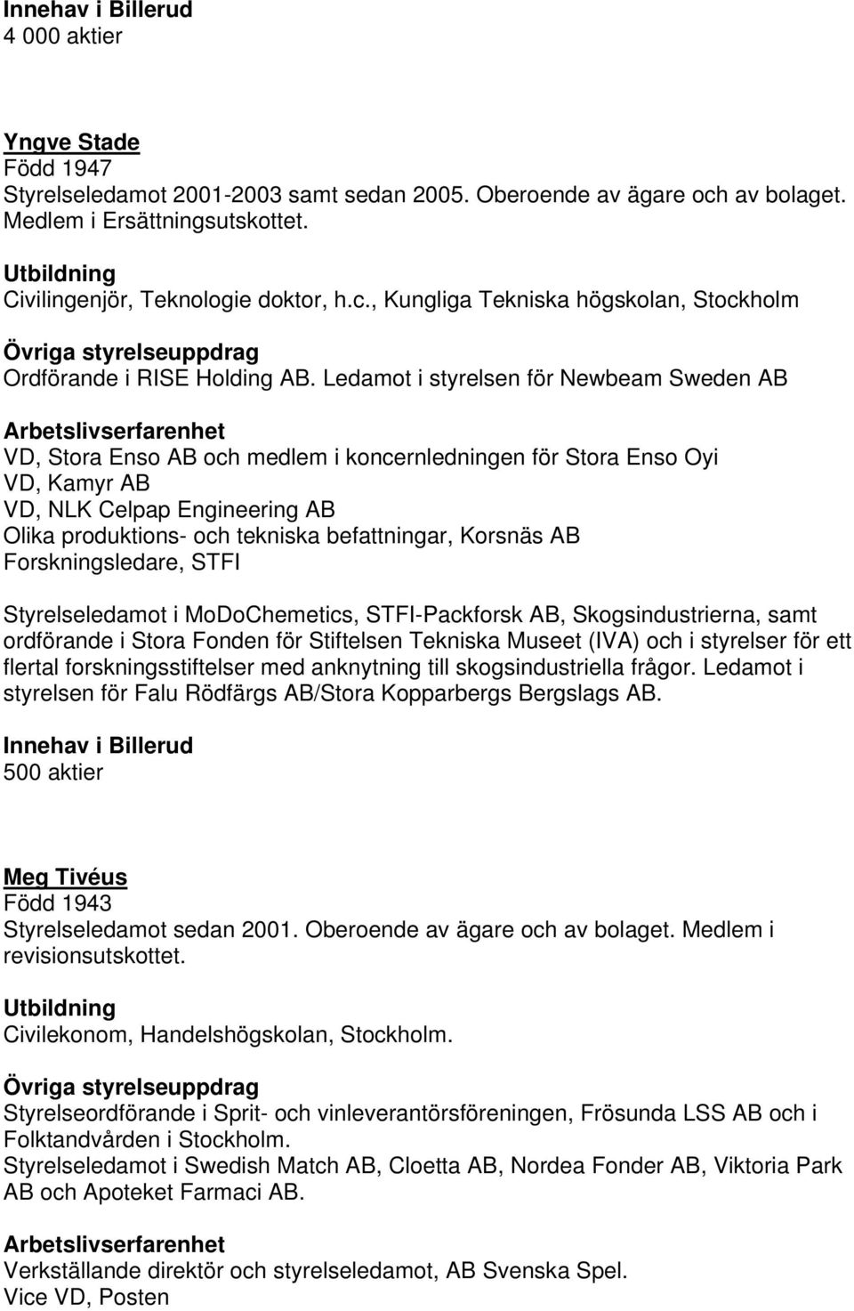 Korsnäs AB Forskningsledare, STFI Styrelseledamot i MoDoChemetics, STFI-Packforsk AB, Skogsindustrierna, samt ordförande i Stora Fonden för Stiftelsen Tekniska Museet (IVA) och i styrelser för ett