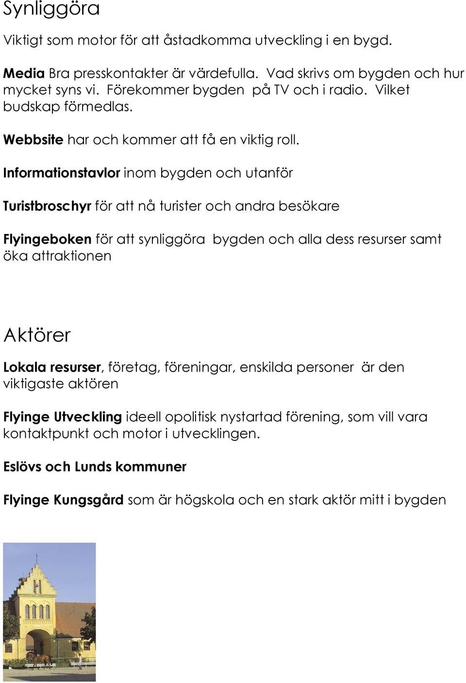 Informationstavlor inom bygden och utanför Turistbroschyr för att nå turister och andra besökare Flyingeboken för att synliggöra bygden och alla dess resurser samt öka attraktionen