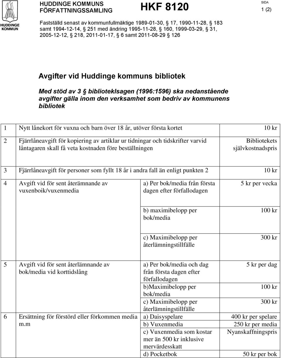 kommunens bibliotek 1 Nytt lånekort för vuxna och barn över 18 år, utöver första kortet 10 kr 2 Fjärrlåneavgift för kopiering av artiklar ur tidningar och tidskrifter varvid låntagaren skall få veta