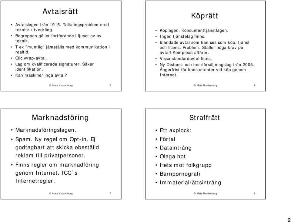 Problem. Ställer höga krav på avtal! Komplexa affärer. Vissa standardavtal finns. Ny Distans- och hemförsäljningslag från 2005. Ångerfrist för konsumenter vid köp genom Internet.