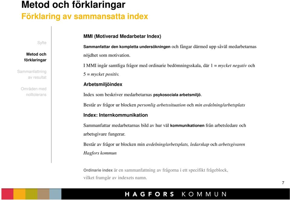 Består av frågor ur blocken personlig arbetssituation och min avdelning/arbetsplats Index: Internkommunikation Sammanfattar medarbetarnas bild av hur väl kommunikationen från arbetsledare och