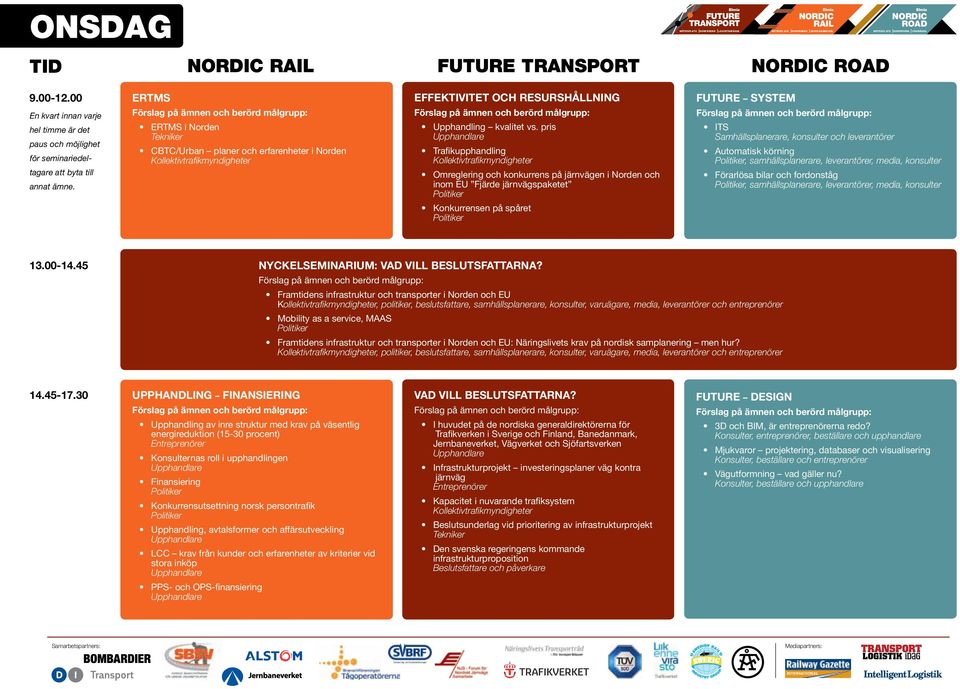 samhällsplanerare, leverantörer, media, konsulter Förarlösa bilar och fordonståg, samhällsplanerare, leverantörer, media, konsulter 13.00-14.45 NYCKELSEMINARIUM: VAD VILL BESLUTSFATTARNA?