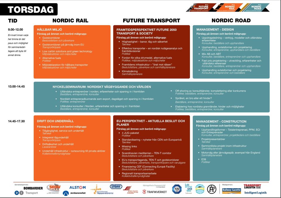 Miljödebattörer och miljöchefer FRAMTIDSPERSPEKTIVET 2050 & SOCIETY Höghastighet banor, tåg och säkerhet Effektiva transporter en nordisk nulägesanalys och framtidsvisioner Fordon för olika