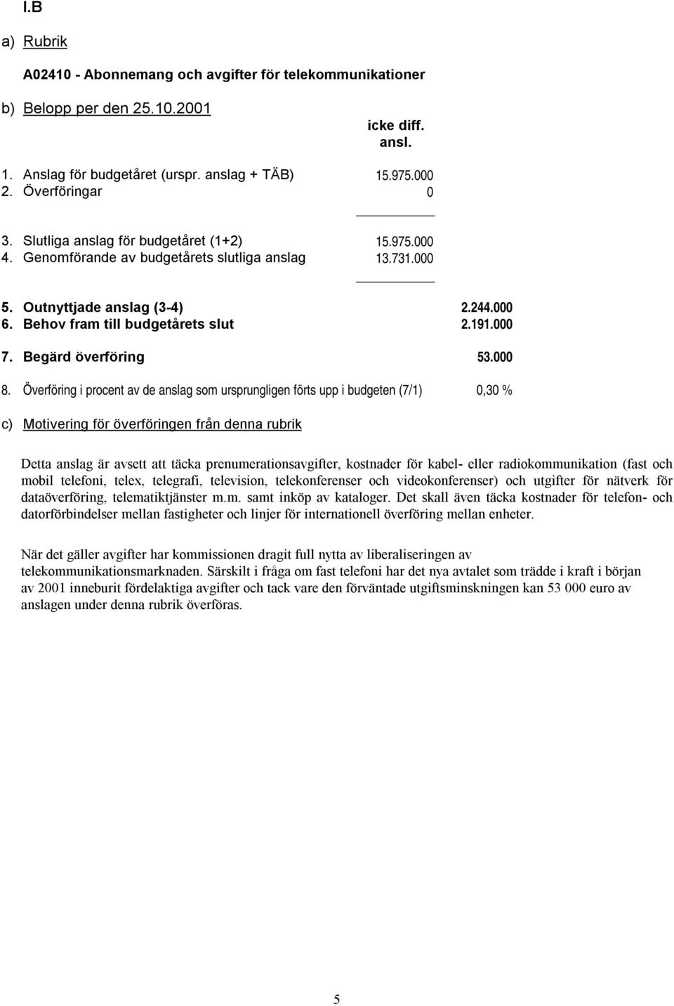 Överföring i procent av de anslag som ursprungligen förts upp i budgeten (7/1) 0,30 % c) Motivering för överföringen från denna rubrik Detta anslag är avsett att täcka prenumerationsavgifter,